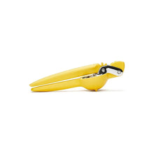 Yellow handheld citrus juicer with long lever and metal cutting press