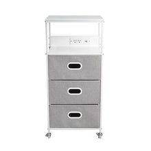 3-drawer rolling cart with three gray felt drawers and oval pull handles