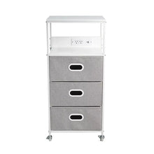 White frame rolling cart with three gray felt drawers and oval pull handles