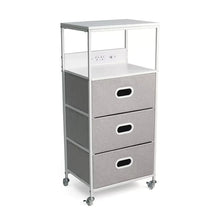 Rolling cart with three stacked gray felt drawers and open top shelf, white frame