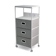 3-drawer rolling cart with open shelving top and three gray felt drawers