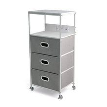 Three-drawer rolling cart with gray felt fronts, white sides, and open upper shelf