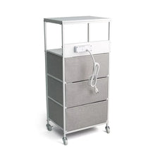 3-drawer rolling cart with charging outlets on top shelf and gray felt drawers