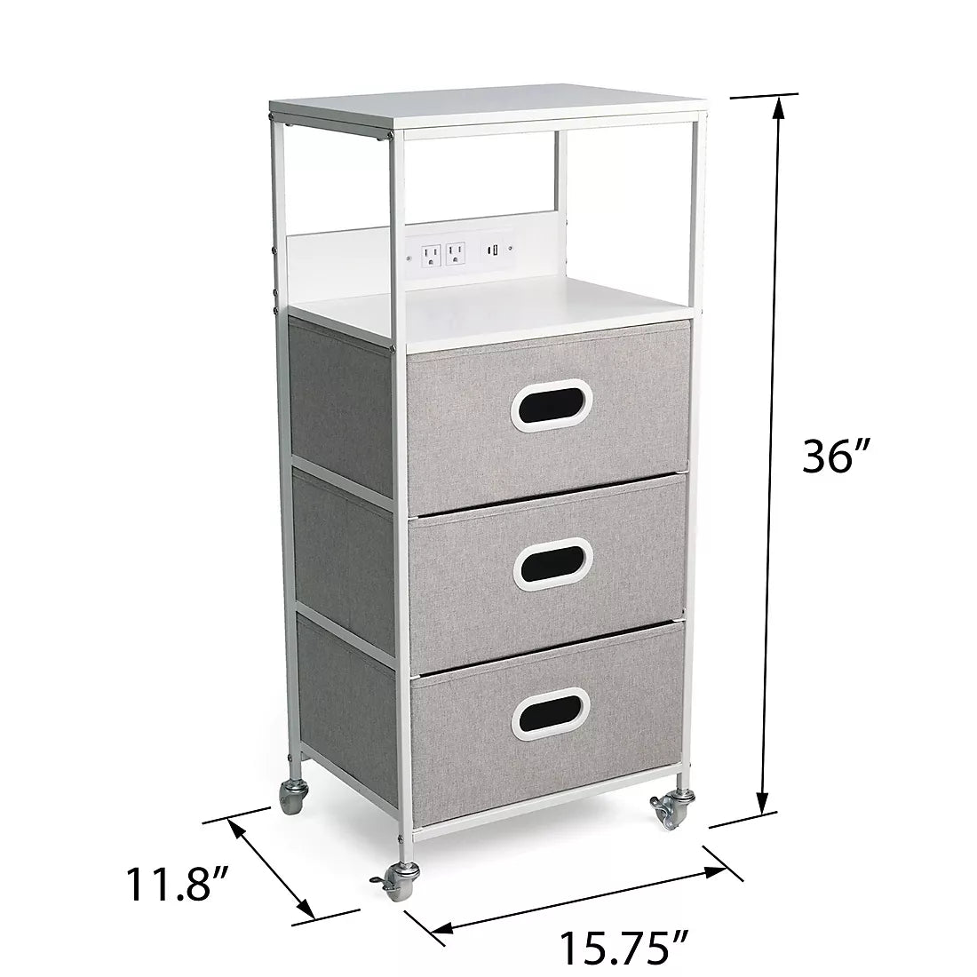 3-Drawer Rolling Cart with USB Power, Two Top Shelves, Built-in Charging Ports