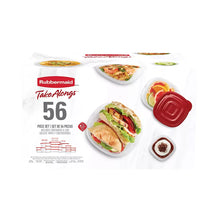 56-piece food storage set with red-lidded containers, shown on retail package front