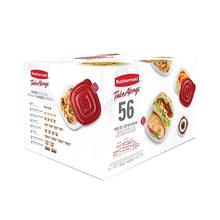 56-piece food storage set box, side view, red-lidded containers