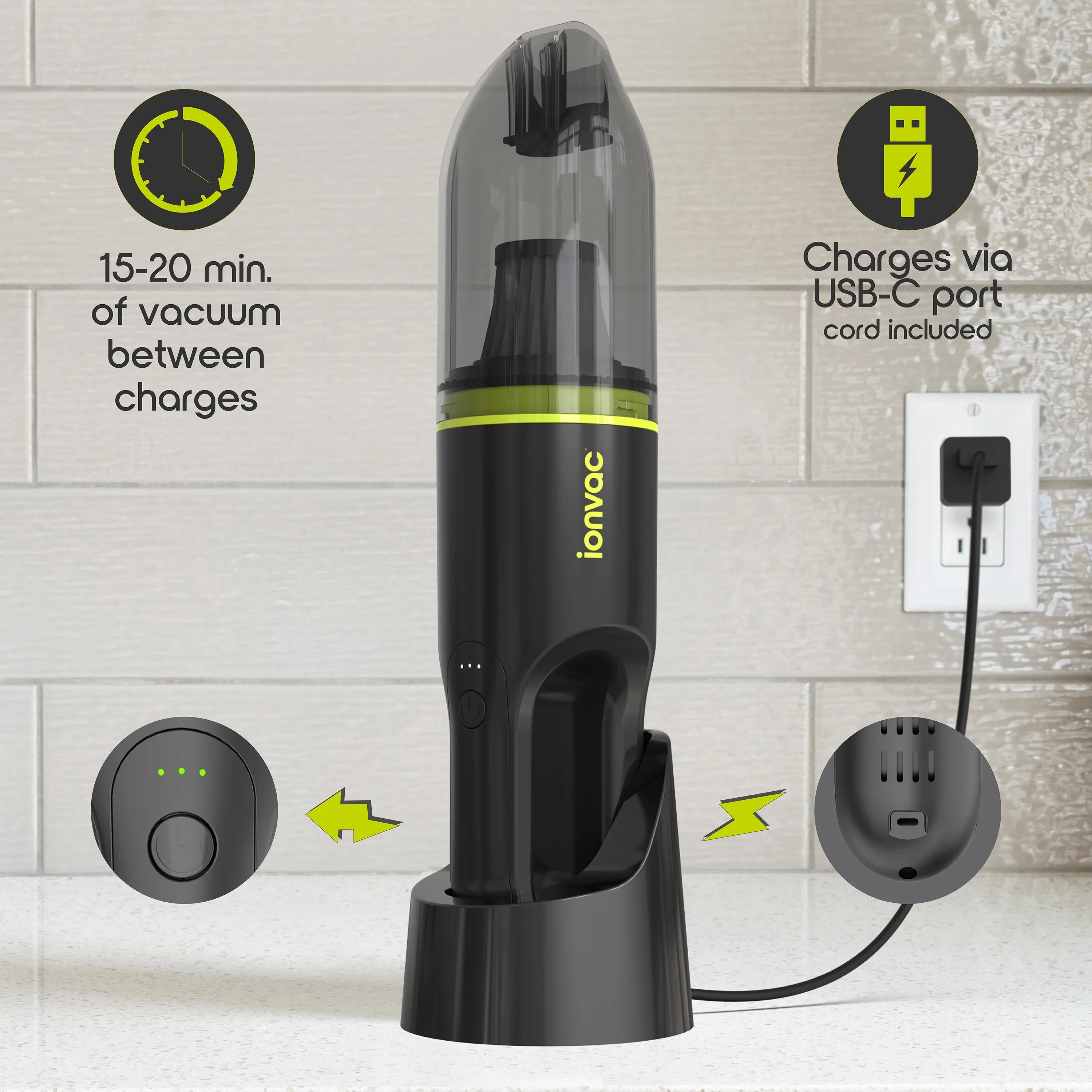 IonVac Handvac Handheld Cordless Vacuum, Pet-Friendly Multi-Surface Lightweight Vacuum Cleaner with USB Charging, Model #7441, Green