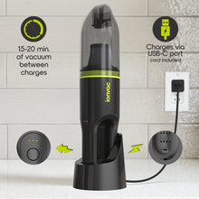 Cordless handheld vacuum charging base with USB-C port and indicator light, green