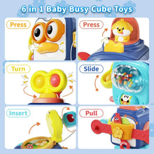 Baby activity cube toy with press, turn, slide, insert, pull features
