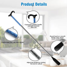 Shoe horn with blue patterned shaft and ergonomic black handle, round head arc