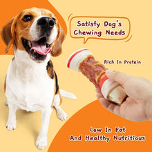 Chicken wrap knotted bone dog chew in hand, orange filling with white twisted wrap