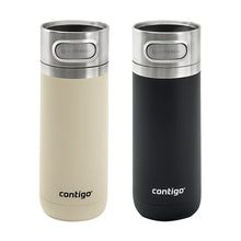 Two 14 oz insulated travel mugs, light and dark, with AutoSeal lids