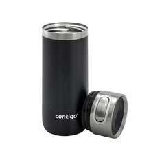 Black 14 oz insulated travel mug with AutoSeal lid, upright and side view