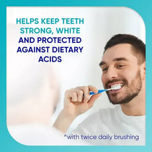 Toothpaste promotional card showing man brushing teeth and 'Helps keep teeth strong' text
