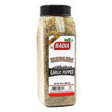 Garlic pepper seasoning bottle with Badia Harlem garlic pepper label and black cap.
