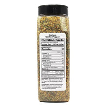 Garlic pepper seasoning bottle back label with nutrition facts, black screw cap.