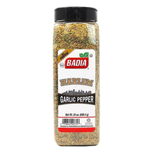 Garlic pepper seasoning bottle with Badia Harlem label and black screw cap, 24 oz.
