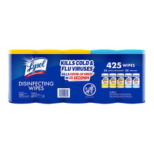 Lysol disinfecting wipes pack, 425 count, blue and yellow tub with flip lid.