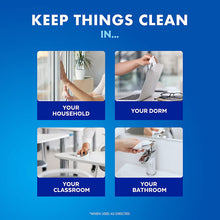 Lysol disinfecting wipes usage promo panel with room photos for household cleaning.
