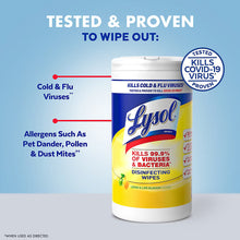 Lysol disinfecting wipes container with blue label and yellow band for lemon scent.