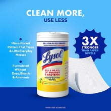 Lysol disinfecting wipes canister with flip lid and one textured wipe sheet.