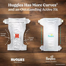 Diagram comparing diapers: curved elastic and shaped pad inside Huggies Little Movers.