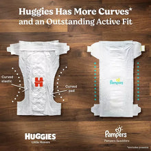 Diaper pack comparison with Huggies Little Movers and curved fit arrows