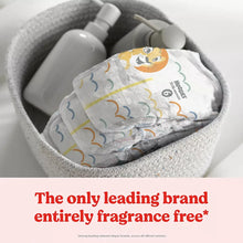 Diapers in a gray pouch, featuring a baby pattern and Huggies branding.