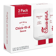 Sauce two-pack carton with two white bottles, red caps, and logo on labels