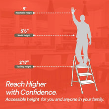 3-step step stool illustration with height callouts and wide platforms