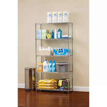 5-tier chrome storage rack with wire shelves, shown with household supplies