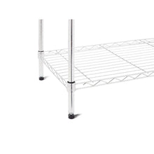Chrome wire shelf end with leg feet and support rails on 5-tier storage rack