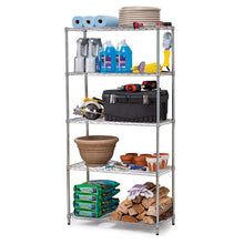 5-tier chrome storage rack with wire shelves, loaded with tools, boxes, and toiletries