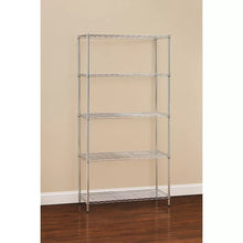 5-tier chrome storage rack frame with four empty wire shelves, upright and freestanding