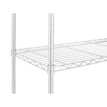 Chrome wire shelf corner joint and vertical posts on 5-tier storage rack