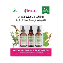 Retail package showing three Mielle Rosemary Mint scalp & hair strengthening oil bottles