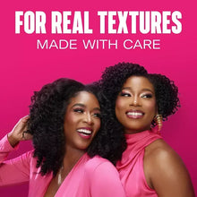 Haircare marketing card with two women smiling, holding curly hair on a pink background
