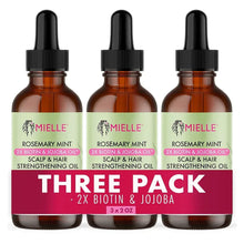 Three pack Mielle Rosemary Mint scalp & hair strengthening oil bottles, amber glass