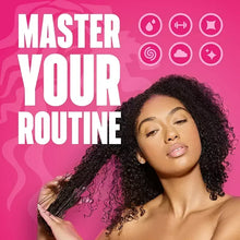 Hair oil routine marketing card with woman holding curly hair on a pink background
