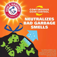 Trash liner packaging with Arm & Hammer odor control and neutralizes bad smells