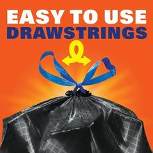 Trash liner packaging highlighting easy to use drawstring closure on a bag