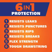 Hefty trash liner packaging showing 6-in-1 protection resist leak, puncture, rip