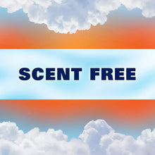 Scent-free trash liner packaging panel with blue text on sky background