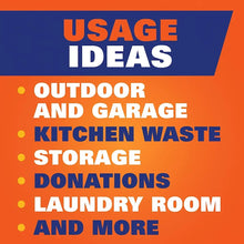 Trash liner packaging listing usage ideas: outdoor, garage, kitchen waste, storage