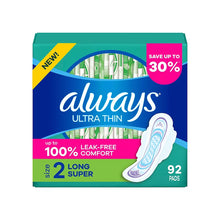 Always ultra thin feminine pads box, size 2 long, 92 pads, with wings