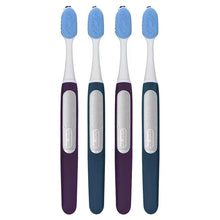 Set of 4 electric toothbrushes with white heads, blue bristles, purple and blue handles