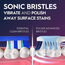 Tooth cleaning with sonic bristles, shown on a white tooth and gums