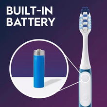 Electric toothbrush with built-in battery graphic, white handle and blue bristle head