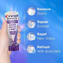 Crest 3DWhite deep stain remover toothpaste tube in hand, with feature callouts