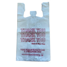 White plastic thank-you carry-out bag with red THANK YOU text and Have a Nice Day